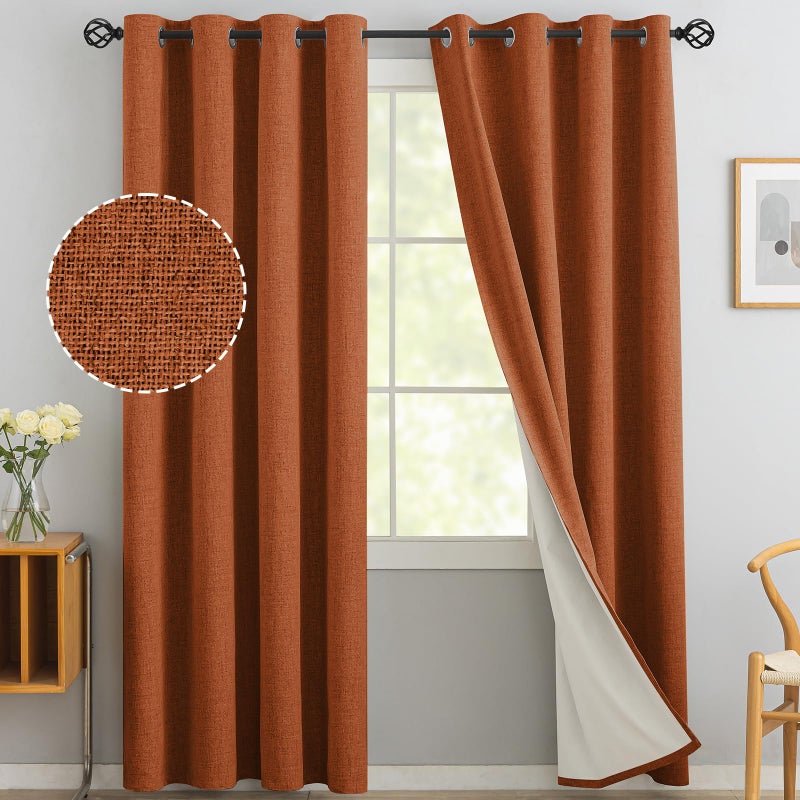 Yakamok Burnt Orange Linen Curtains 100% Blackout 96 Inches Long,Room Darkening Textured Curtains for Living Room Thermal Grommet Bedroom Curtains 2 Panels with White Liner - Image 1